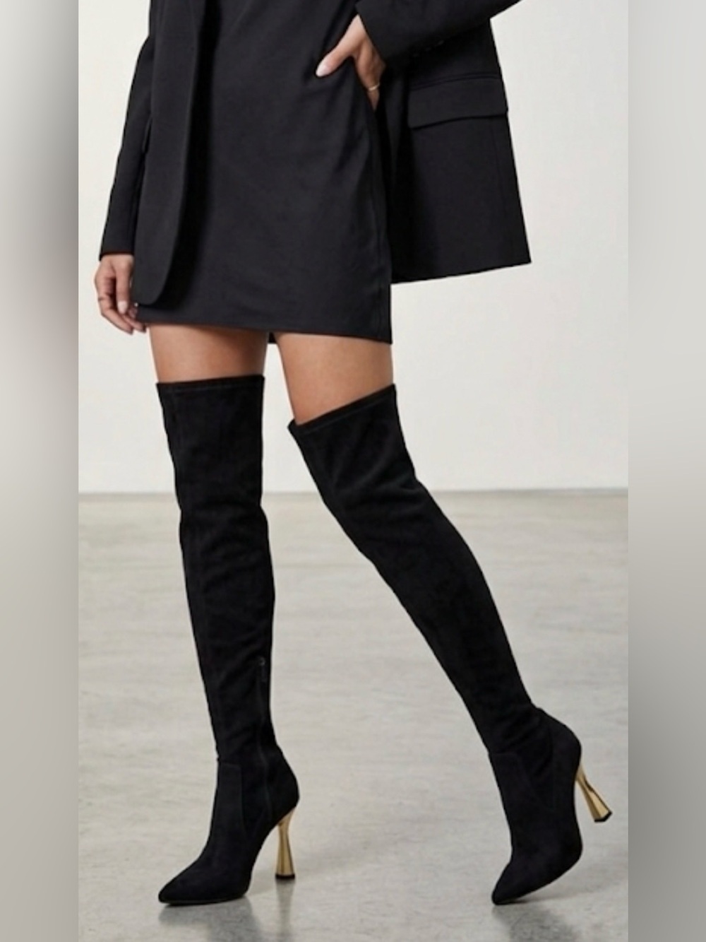 Steve Madden Black Over-the-Knee Heeled Boots with Gold Heel